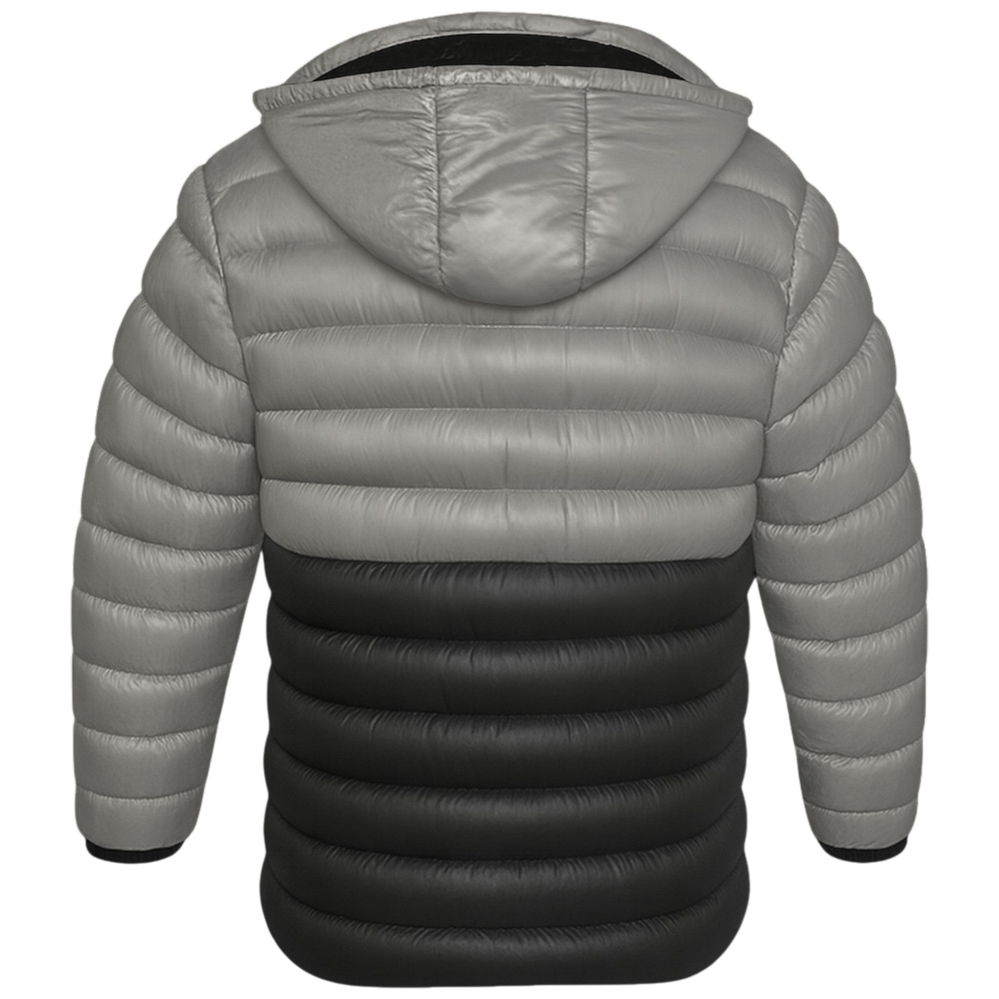 Men’s black and grey two-tone puffer jacket with detachable hood, quilted winter coat